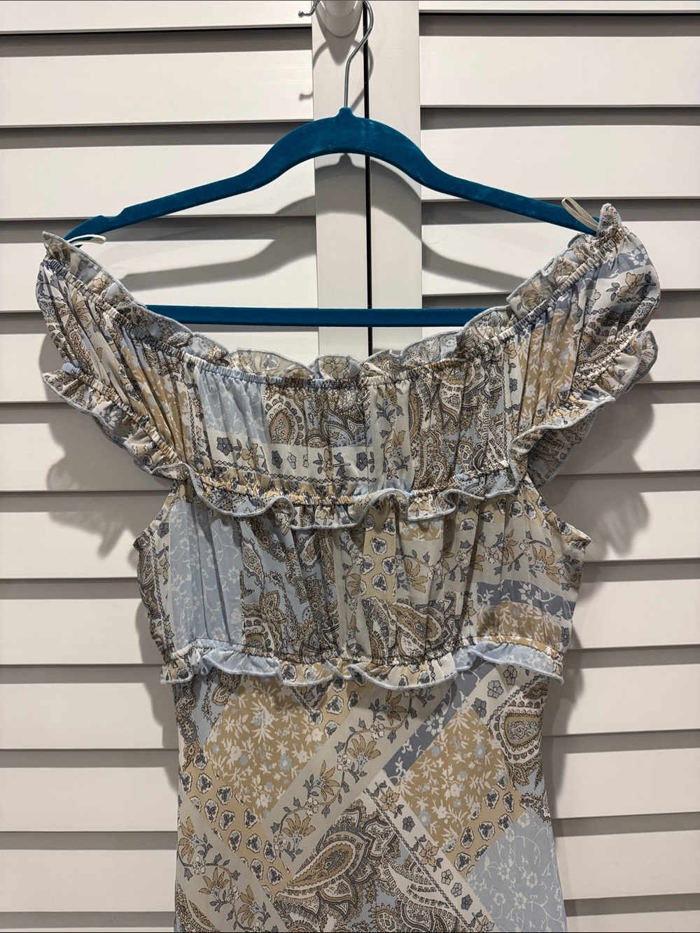 Zara Off-Shoulder Slip on lined Midi Dress in Blue and Beige Patchwork - Picture 3 of 9